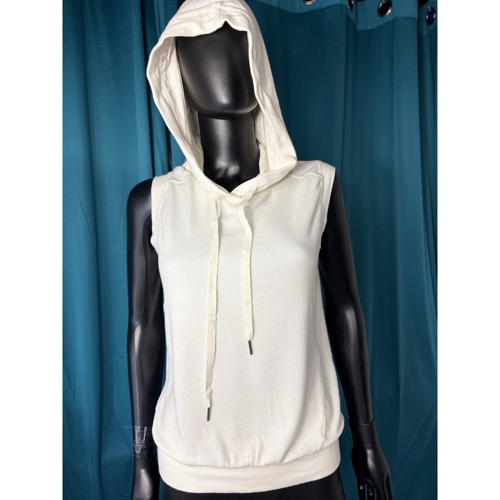 Evereve Womens‎ Sleeveless Hoodie Cream Ribbed Knit Drawstring Top Small
